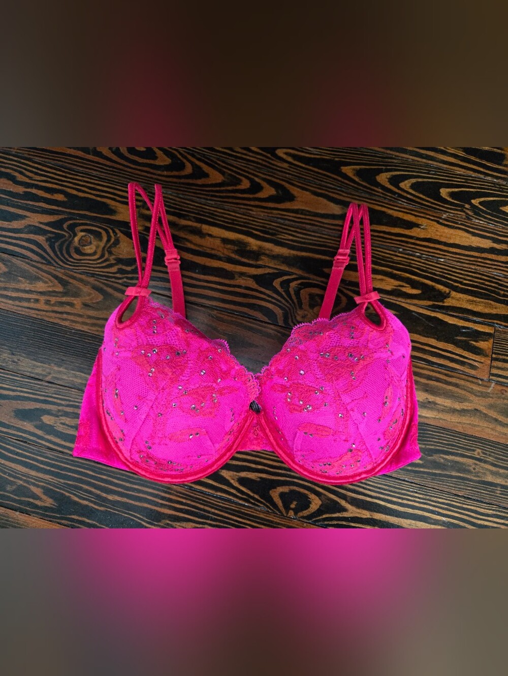 Victoria's Secret Sexy Little Things Hot Pink Lace Rhinestone Demi Bra Size 36D